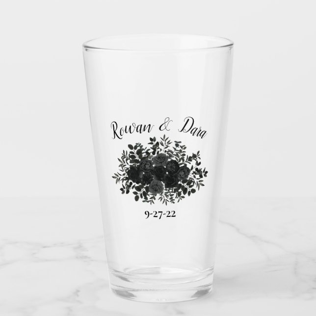 White and Black Rose Gothic Wedding Glasses (Front)