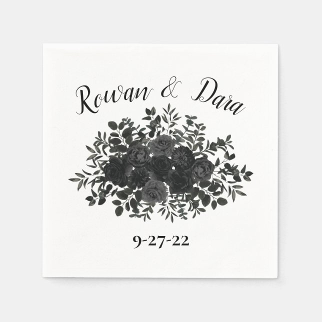 White and Black Rose Gothic Wedding Napkins (Front)