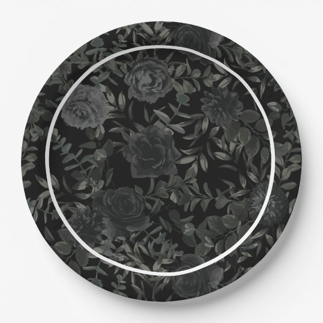 White and Black Rose Gothic Wedding Paper Plates (Front)