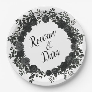 White and Black Rose Gothic Wedding Paper Plates