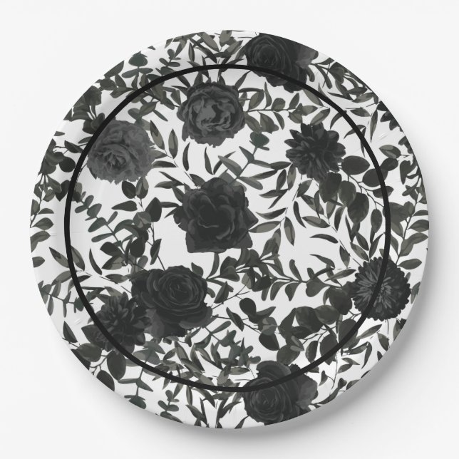 White and Black Rose Gothic Wedding Paper Plates (Front)