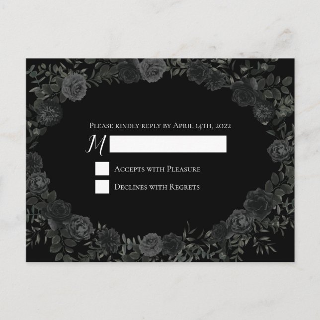 White and Black Rose Gothic Wedding Reply Card (Front)