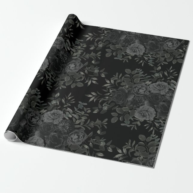 White and Black Rose Gothic Wedding Wrapping Paper (Unrolled)