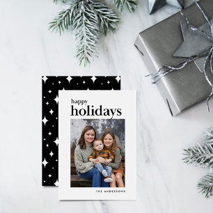 White and Black Serif Happy Holidays Photo Holiday Card