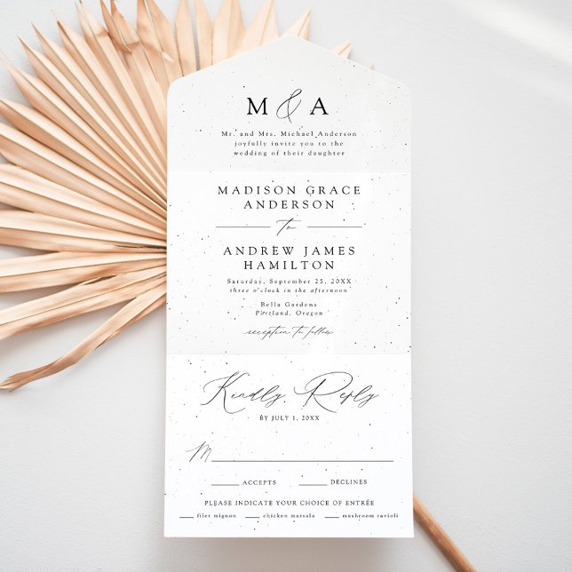 White and Black Speckled Modern Elegance Wedding All In One Invitation (Creator Uploaded)