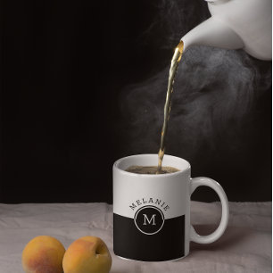 White and black split-screen monogram coffee mug
