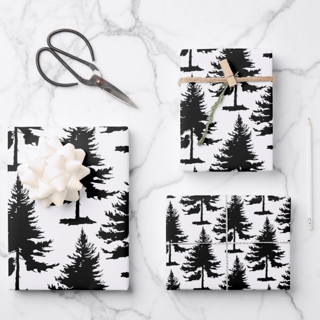 White And Black Spruce Trees Wrapping Paper Sheet (Front)