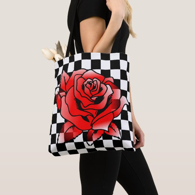White And Black Square And Red Rose Tote Bag (Close Up)