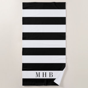 White and Black Stripe and Monogram Beach Towel