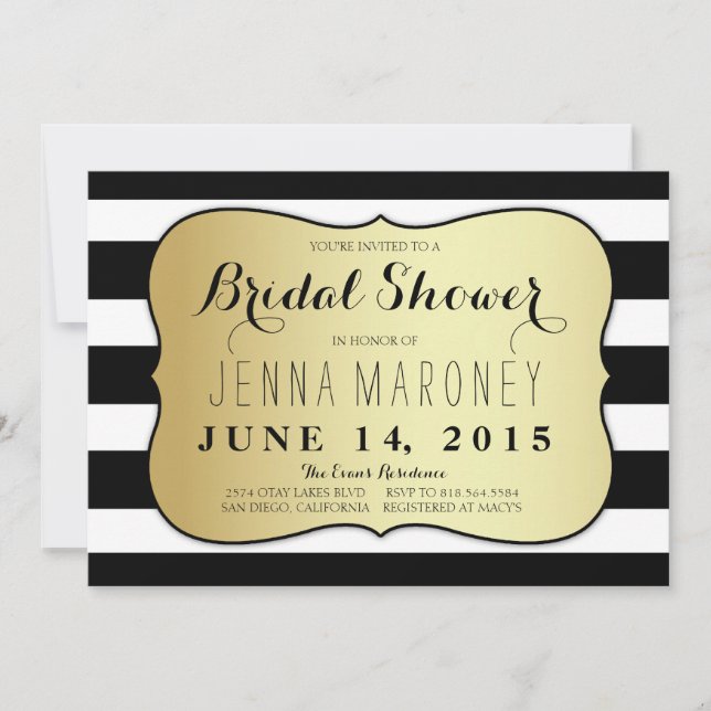 White and Black Stripes w/ Gold Foil Bridal Shower Invitation (Front)