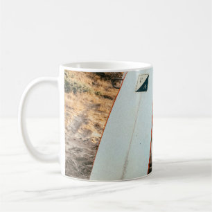 White and black surfboard coffee mug