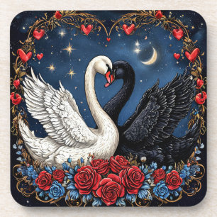 White and Black Swans with Hearts and Roses Coaster