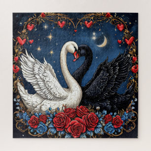 White and Black Swans with Hearts and Roses Jigsaw Puzzle