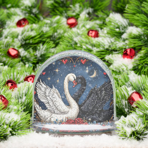 White and Black Swans with Hearts and Roses Snowglobe