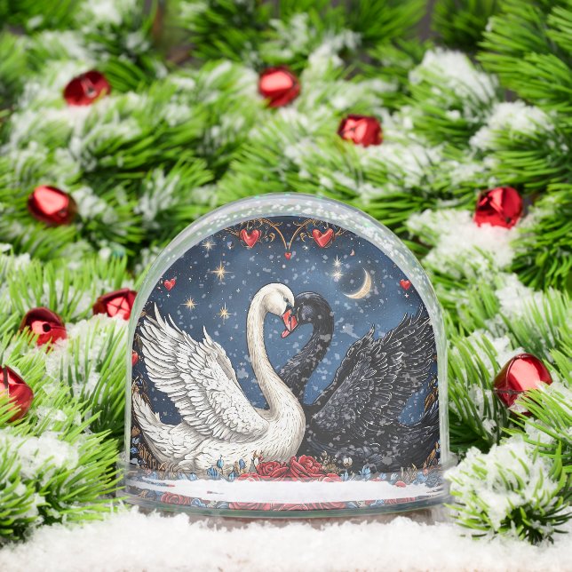 White and Black Swans with Hearts and Roses Snowglobe (Christmas)