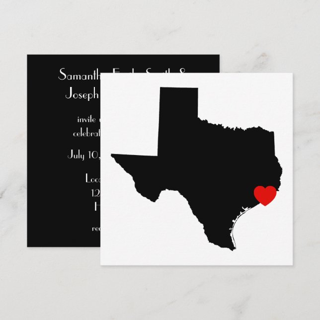 White and Black Texas Red Heart Wedding Invitation (Front/Back)