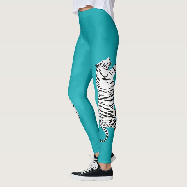 White and Black Tiger on Teal, Turquoise Blue Leggings (Left)