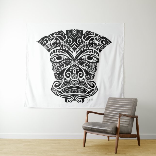 White And Black Tiki Mask Tapestry (In Situ (Horizontal))