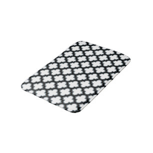 White and Black Trellis, Lattice, Quatrefoil Bath Mat