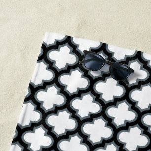 White and Black Trellis, Lattice, Quatrefoil Beach Towel