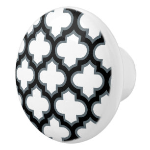 White and Black Trellis, Lattice, Quatrefoil Ceramic Knob