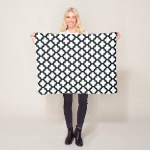 White and Black Trellis, Lattice, Quatrefoil Fleece Blanket