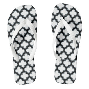 White and Black Trellis, Lattice, Quatrefoil Flip Flops