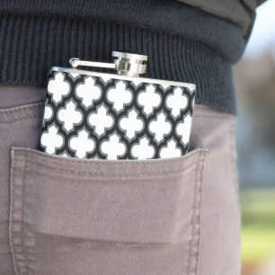White and Black Trellis, Lattice, Quatrefoil Hip Flask