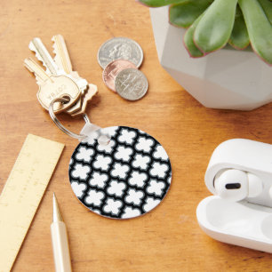 White and Black Trellis, Lattice, Quatrefoil Key Ring