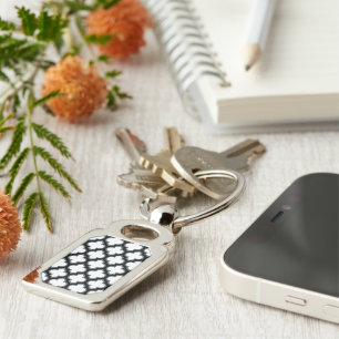 White and Black Trellis, Lattice, Quatrefoil Key Ring