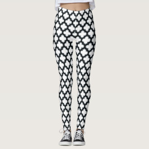 White and Black Trellis, Lattice, Quatrefoil Leggings