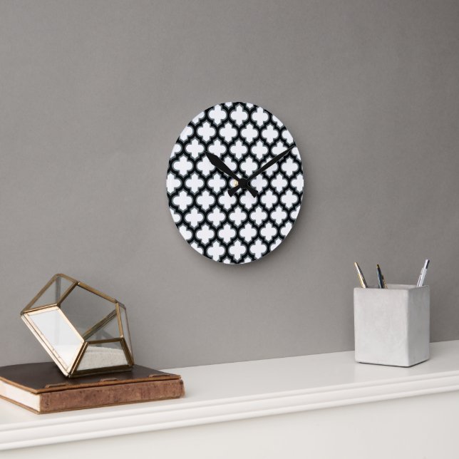 White and Black Trellis, Lattice, Quatrefoil Round Clock (Office)