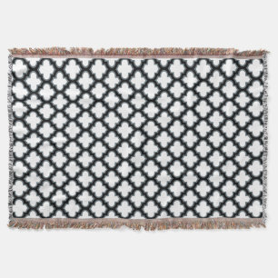 White and Black Trellis, Lattice, Quatrefoil Throw Blanket