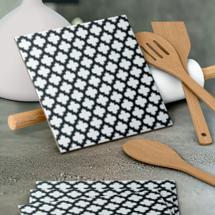 White and Black Trellis, Lattice, Quatrefoil Tile