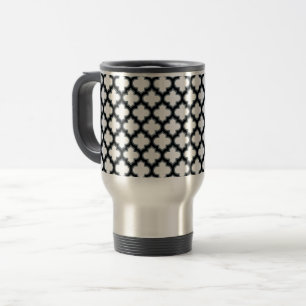 White and Black Trellis, Lattice, Quatrefoil Travel Mug