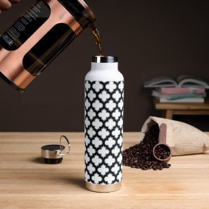 White and Black Trellis, Lattice, Quatrefoil Water Bottle