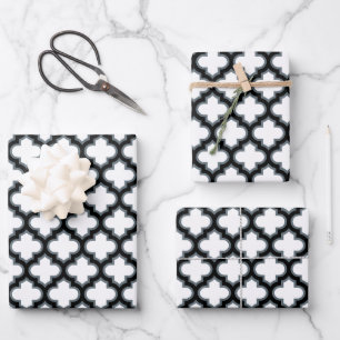 White and Black Trellis, Lattice, Quatrefoil Wrapping Paper Sheet