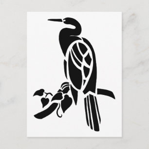 White and black vector art, birds: heron in tree postcard