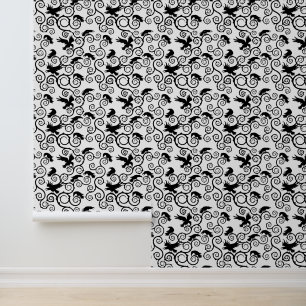 White and Black Victorian Gothic jacquard Raven Wallpaper