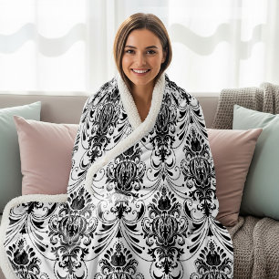 White and Black Vintage Ornamental Damask Pattern Sherpa Blanket