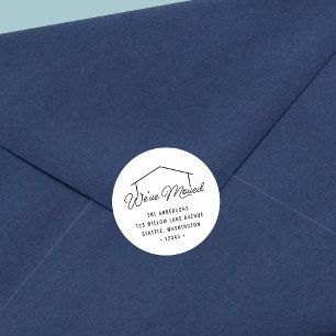 White and Black We've Moved House Return Address Classic Round Sticker