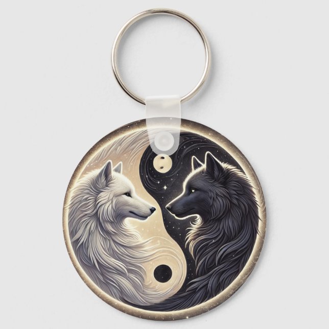 White and Black Wolves Representing Yin and Yang Key Ring (Front)