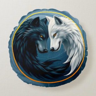 White and Black Wolves Representing Yin and Yang Round Cushion