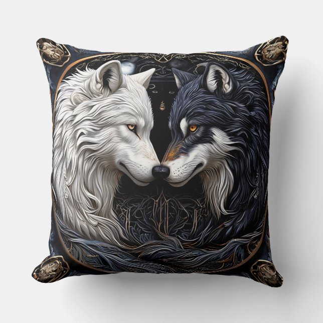 White and Black Wolves Symbolising Duality Cushion (Front)