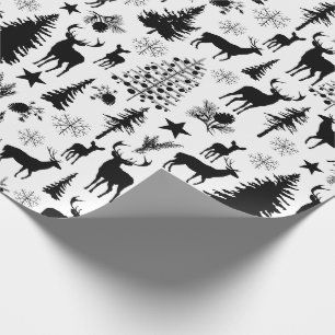 White And Black Woodland Forest Reindeer Wrapping Paper