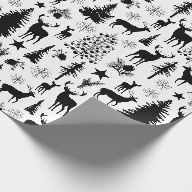 White And Black Woodland Forest Reindeer Wrapping Paper (Corner)