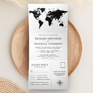 White and Black World Map All in One Wedding Tri-Fold Invitation