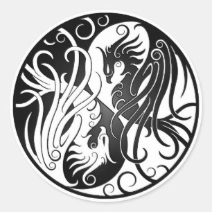 White and Black Yin Yang Phoenix Classic Round Sticker