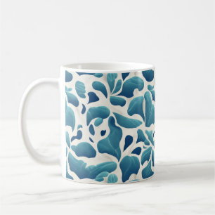 White and Blue Abstract Leaves   Coastal Pattern Coffee Mug