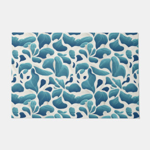 White and Blue Abstract Leaves Coastal Pattern Doormat